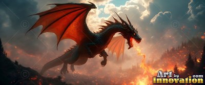 A winged dragon glides through the air over a burning forest while breathing fire into the smoky air