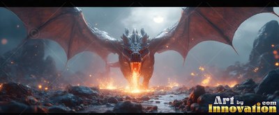 On a dark rocky field, a winged dragon breathes fire beneath the pale moon