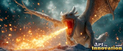 Breathing a stream of fire, a pale large-horned dragon spreads its wings over dark rocks