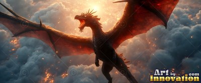Black dragon flying with red wings spread wide through smoky clouds