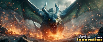 Curved horns rise from a dragon roaring with open wings over orange fire and smoky rocks