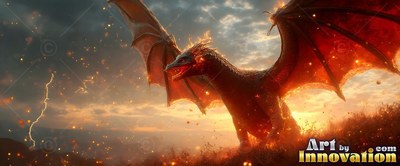 A dragon spreads its wings on a hill under warm orange light from a stormy sky