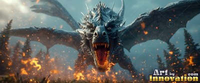 Facing forward with spread wings in a burning forest, a dark dragon roars