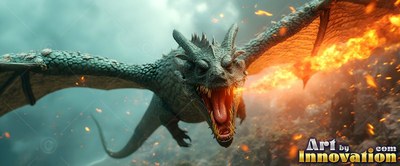 A green dragon with horns flies forward with wide wings while breathing bright fire