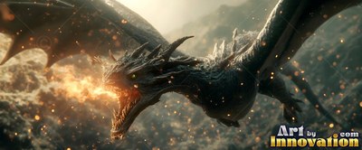 In a smoky sky, a dark large-horned dragon breathes fire with its wings spread wide