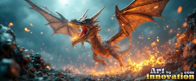 Roaring with wings spread, a dragon with two horns flies over dark rocks and sparks