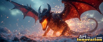 Dragon roaring with red wings on snowy ground as sparks fly