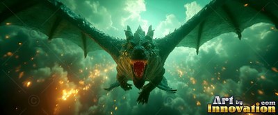Green scaly wings spread wide as a roaring dragon swoops through smoky clouds and sparks