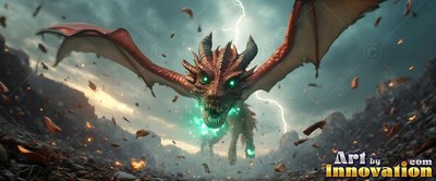 A dragon with horns glides forward with open wings as white lightning flashes behind it