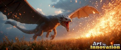 Flying low with wings spread, a white dragon snarls with an open mouth over a bright grassy field