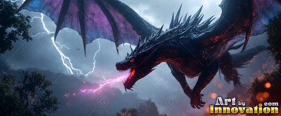 A black dragon shoots purple lightning from its mouth during a storm