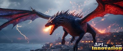 Above a dark coast in a storm, a red-winged black dragon breathes fire