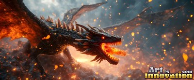 Breathing bright fire, a black dragon spreads its wings through sparks and smoke