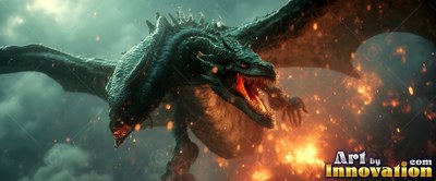 Two-headed green dragon flying through smoke and fire sparks