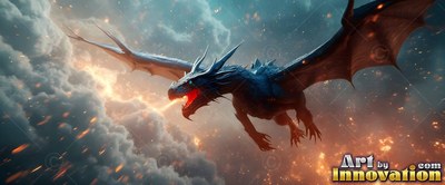 Wide brown wings carry a dark dragon with blue scales through clouds filled with orange fire light