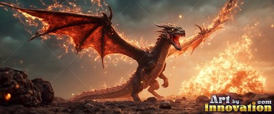 A dragon snarls with an open mouth with outstretched wings on rocky ground beside bright orange flames