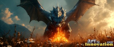 Facing forward with wings spread in an open field, a dark dragon breathes fire
