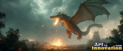 A brown winged dragon lets out a roar over a bright yellow fire in a dark field