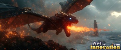 Over a stormy sea, a winged black dragon breathes orange fire near a tower