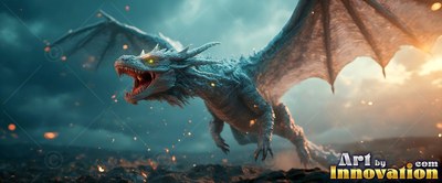 Roaring with open jaws, a pale bright blue dragon spreads its wings over dark ground