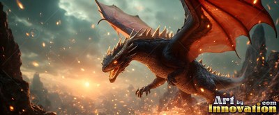 A black dragon with red wings flies over smoky rocks at sunset