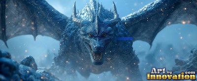 Sharp curved horns crown a blue dragon with spread wings in a cold snowy landscape