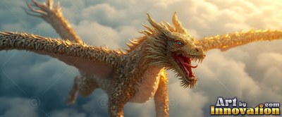 A golden dragon glides above pale clouds under warm sunlight