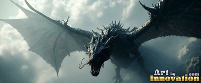 Gliding forward through overcast clouds, a dark horned dragon spreads its wide wings