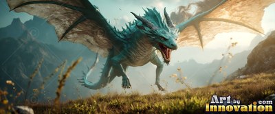 A blue-green dragon lands on a grassy mountain ridge in bright sunlight
