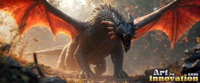 In a hazy forest, a black dragon creeps forward with orange wings spread out