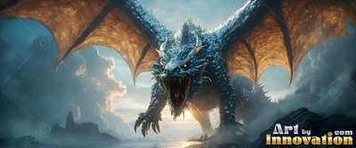 Roaring with wings spread, a spiky blue-scaled dragon stands on a rocky shore in daylight