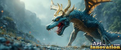 Dragon roaring on a rocky hillside under pale sunlight