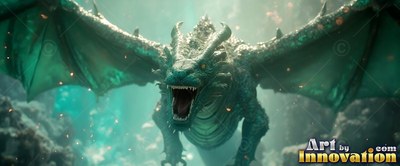 Sharp white teeth show inside the roaring mouth of a green dragon swimming underwater
