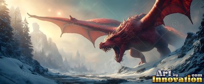 A red dragon lets out a roar with spread wings on a snowy mountain under warm yellow light