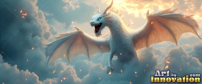 Gliding with open wings, a white dragon soars through the air through bright clouds