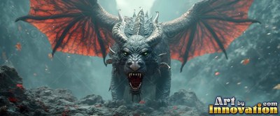 A gray dragon with two horns roars forward on rocky ground with wide red wings spread out