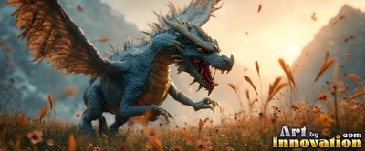 In a grassy mountain valley, a blue winged dragon runs with its mouth open