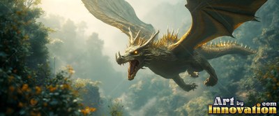 Soaring over a misty green forest, a golden dragon gives a loud roar with open wings