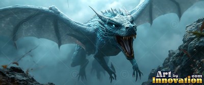 Bright blue dragon roaring with wings spread in blue mist