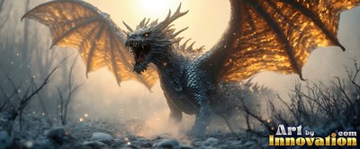 Spiky horns rise from a roaring dragon spreading broad wings in a foggy woodland in warm sunlight