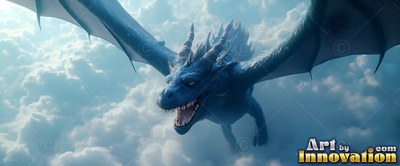 A bright blue dragon soars through the air through fluffy white clouds under bright morning daylight