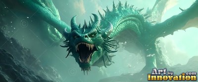 Flying forward through misty skies, a green dragon roars with open wings