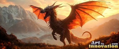 A dark dragon spreads its orange wings near snowy mountains at sunset