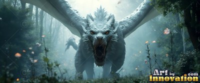 In a misty forest, a white dragon charges forward with wide wings and an open mouth
