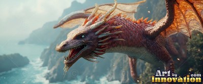 Gliding over hazy coastal cliffs, a horned red dragon opens its mouth in flight