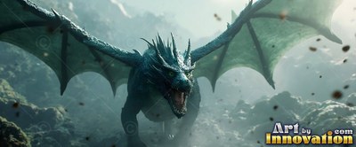 A green dragon opens its mouth to roar with spread wings on rocky ground