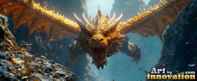 Sharp horns crown a roaring golden dragon as it flies between dark canyon walls