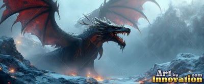 A black dragon spreads red wings and roars across snowy ground in cold blue mist