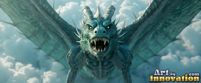 Facing forward with spread wings, a teal dragon glides through the air through white clouds