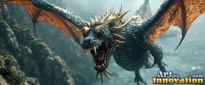 A dark dragon with orange wings roars as it flies near rocky sea cliffs